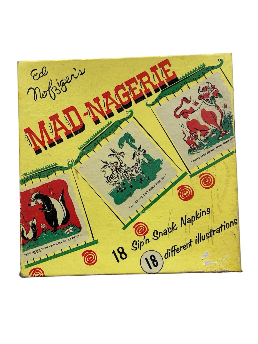 Vintage 1953 Ed Nofziger Mad-Nagerie Cocktail Napkins in Box Monogram California